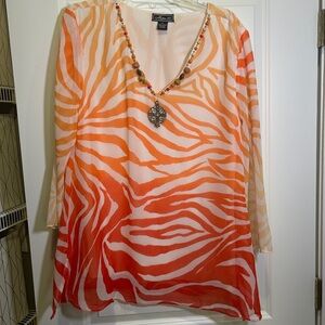 Metro Cream and White Relaxed Tunic with Embellished V-Neck